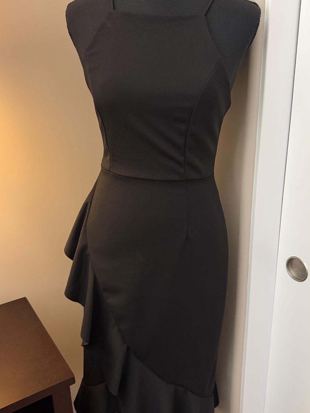 emory park Black Midi Sheath Dress with Ruffle Detail